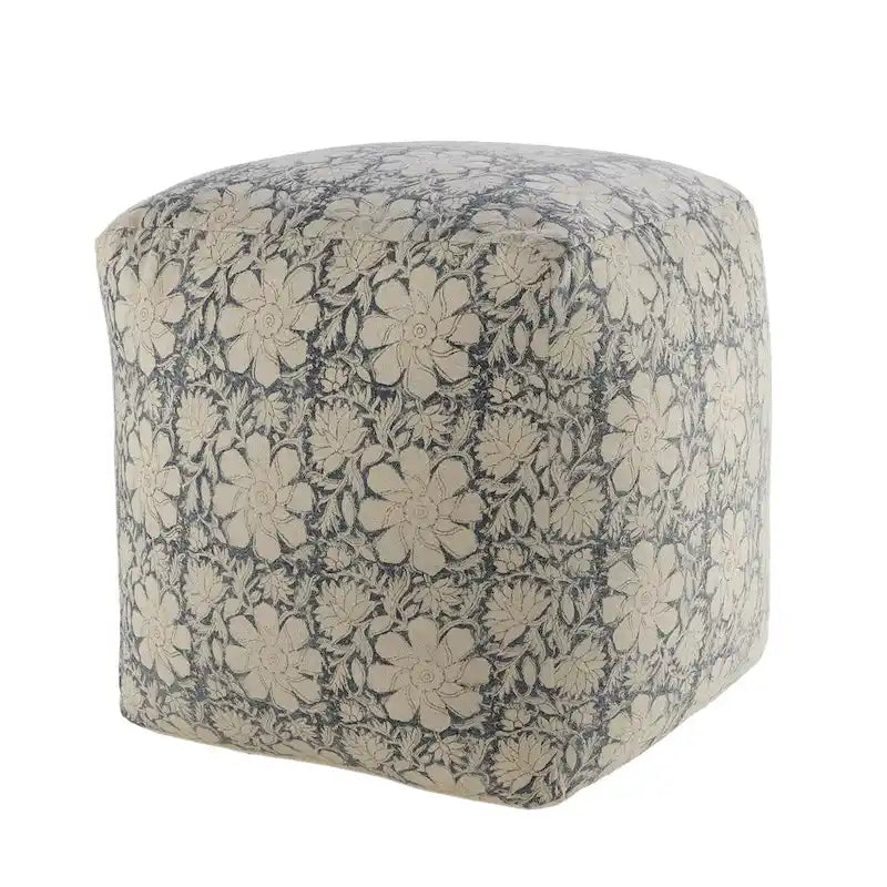 20 Navy Blue and White Floral Handmade Square Pouf Ottoman