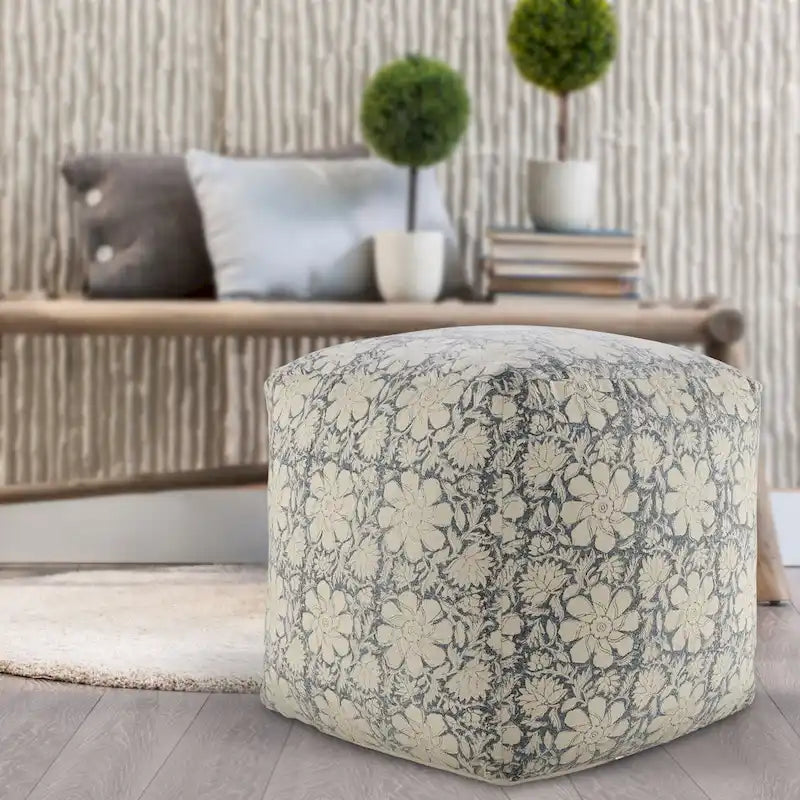 20 Navy Blue and White Floral Handmade Square Pouf Ottoman