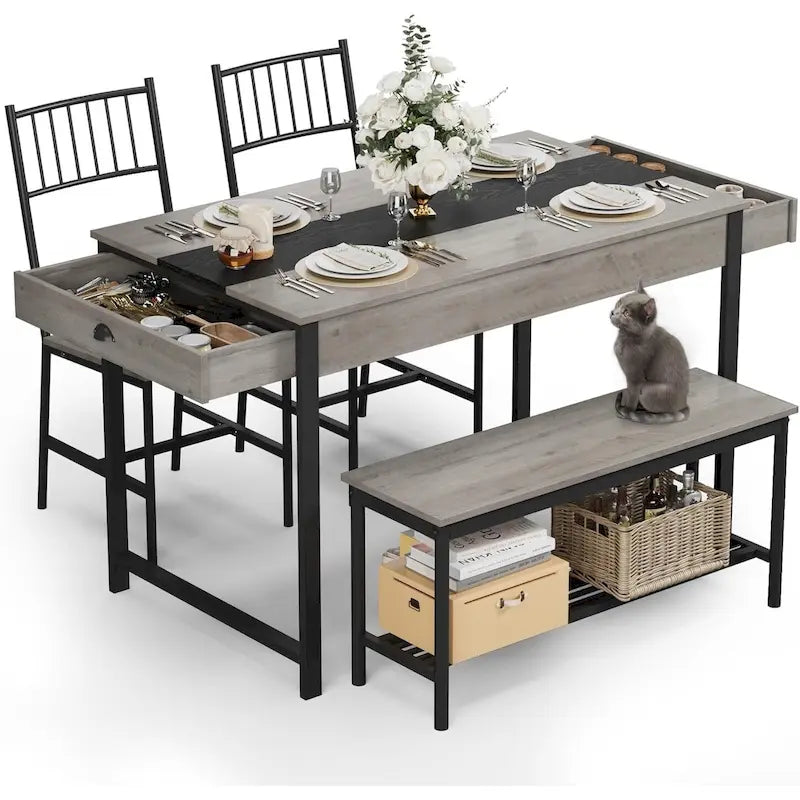 Dining Table Set for 4, Wooden Kitchen Table with with 2 Chairs and a Long Bench