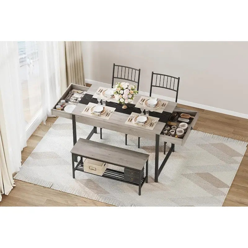 Dining Table Set for 4, Wooden Kitchen Table with with 2 Chairs and a Long Bench