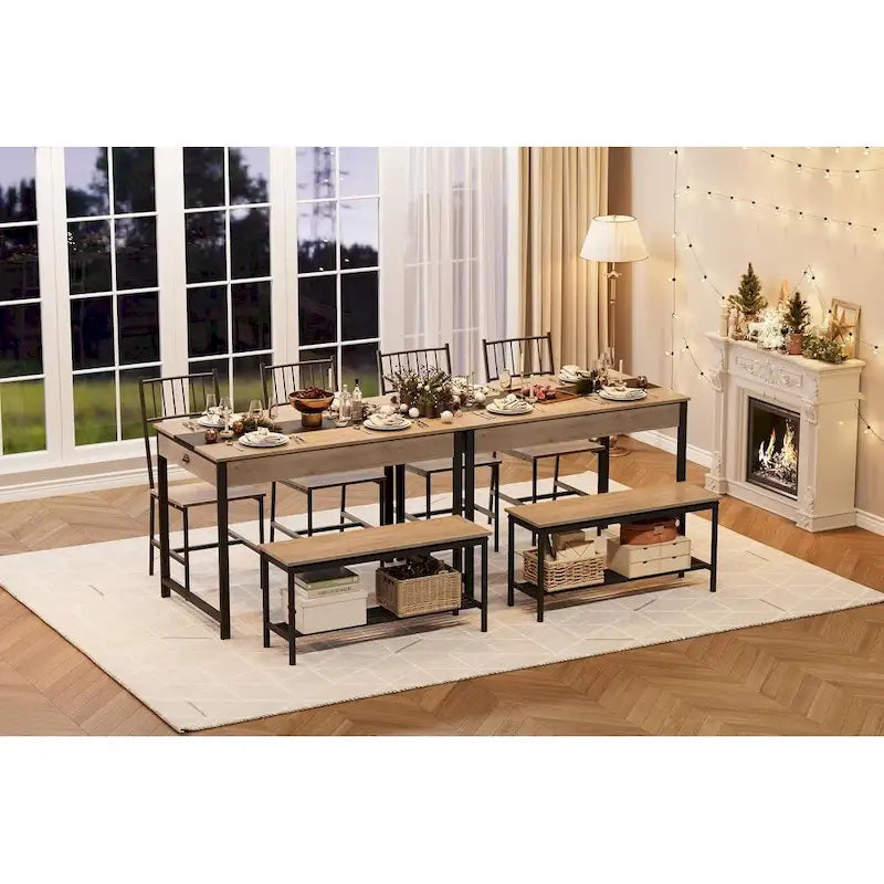 Dining Table Set for 4, Wooden Kitchen Table with with 2 Chairs and a Long Bench