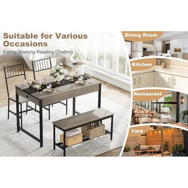 Dining Table Set for 4, Wooden Kitchen Table with with 2 Chairs and a Long Bench