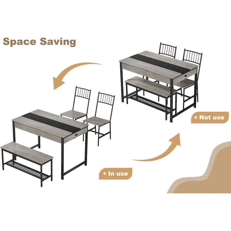 Dining Table Set for 4, Wooden Kitchen Table with with 2 Chairs and a Long Bench