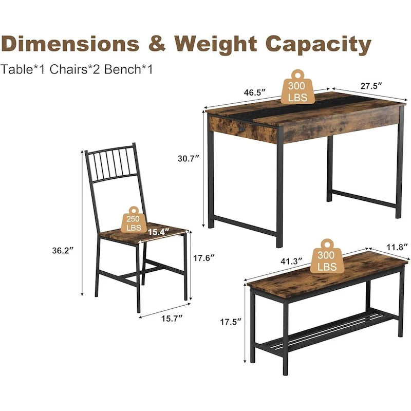 Dining Table Set for 4, Wooden Kitchen Table with with 2 Chairs and a Long Bench
