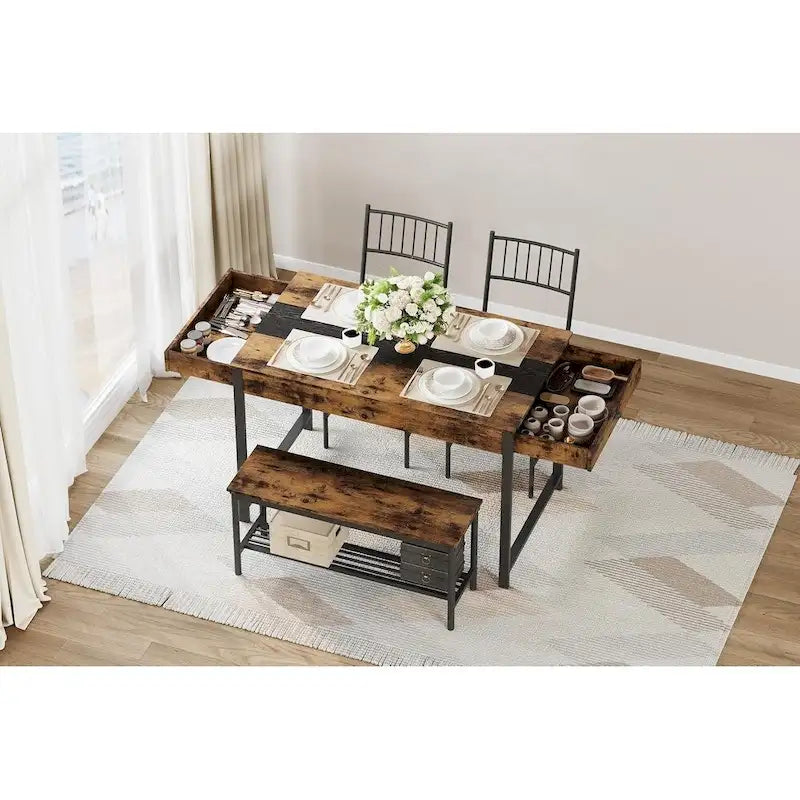 Dining Table Set for 4, Wooden Kitchen Table with with 2 Chairs and a Long Bench