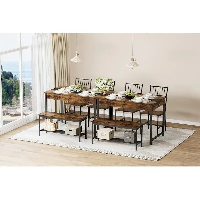 Dining Table Set for 4, Wooden Kitchen Table with with 2 Chairs and a Long Bench