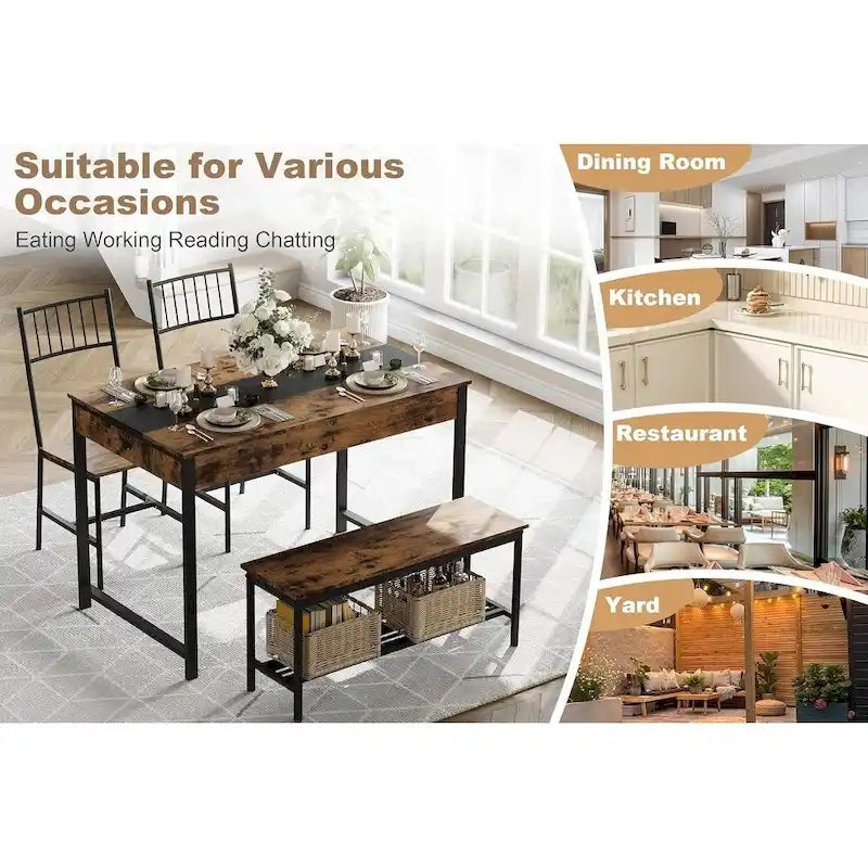 Dining Table Set for 4, Wooden Kitchen Table with with 2 Chairs and a Long Bench