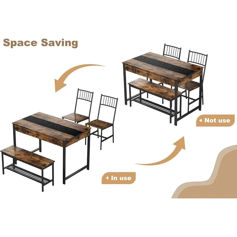 Dining Table Set for 4, Wooden Kitchen Table with with 2 Chairs and a Long Bench