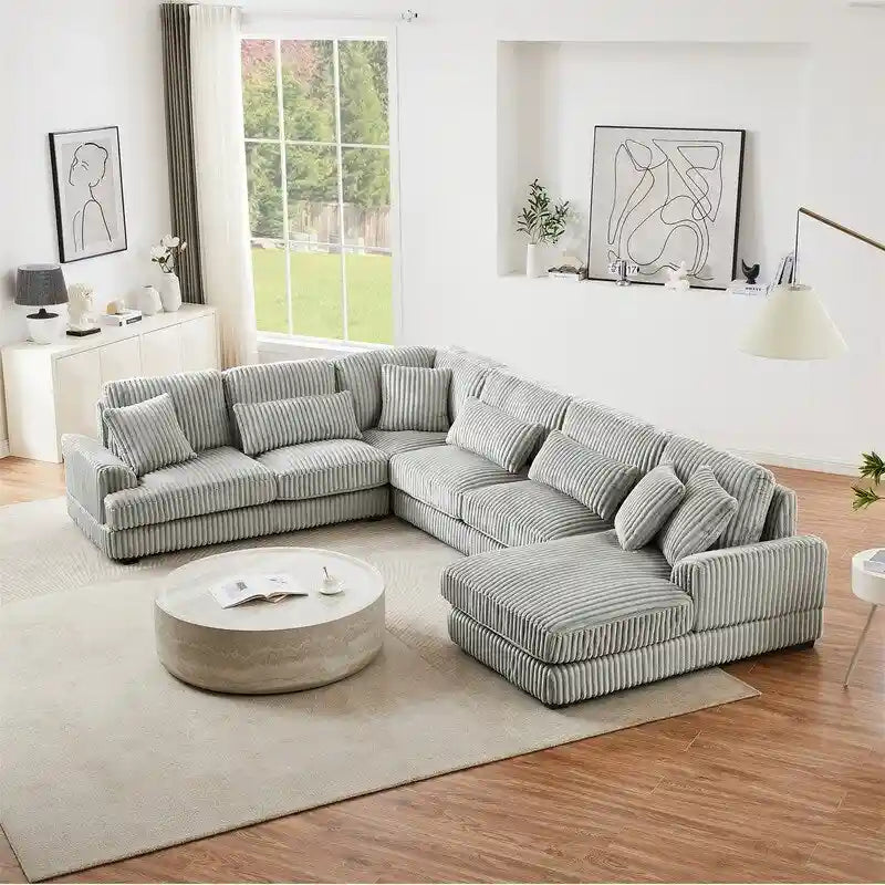 Oversized U-shaped Sectional Sofa with Chaise Lounge, 129 Modern Upholstered Sofa Couch, Corduroy Couch Set for Living Room