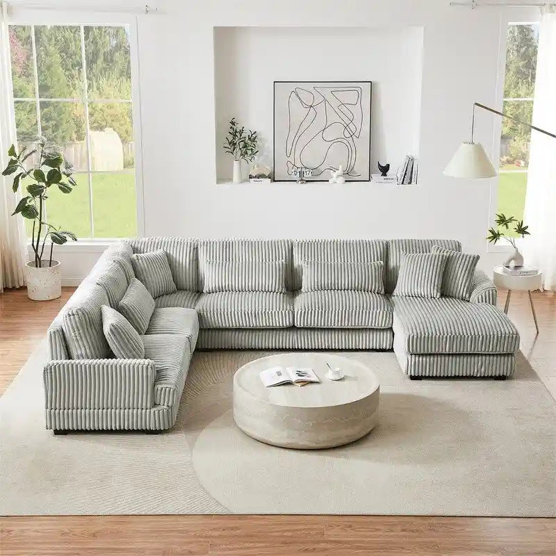 Oversized U-shaped Sectional Sofa with Chaise Lounge, 129 Modern Upholstered Sofa Couch, Corduroy Couch Set for Living Room