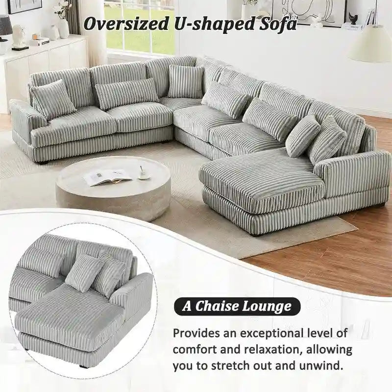 Oversized U-shaped Sectional Sofa with Chaise Lounge, 129 Modern Upholstered Sofa Couch, Corduroy Couch Set for Living Room