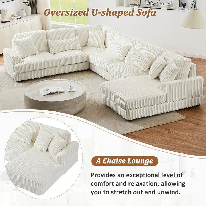 Oversized U-shaped Sectional Sofa with Chaise Lounge, 129 Modern Upholstered Sofa Couch, Corduroy Couch Set for Living Room