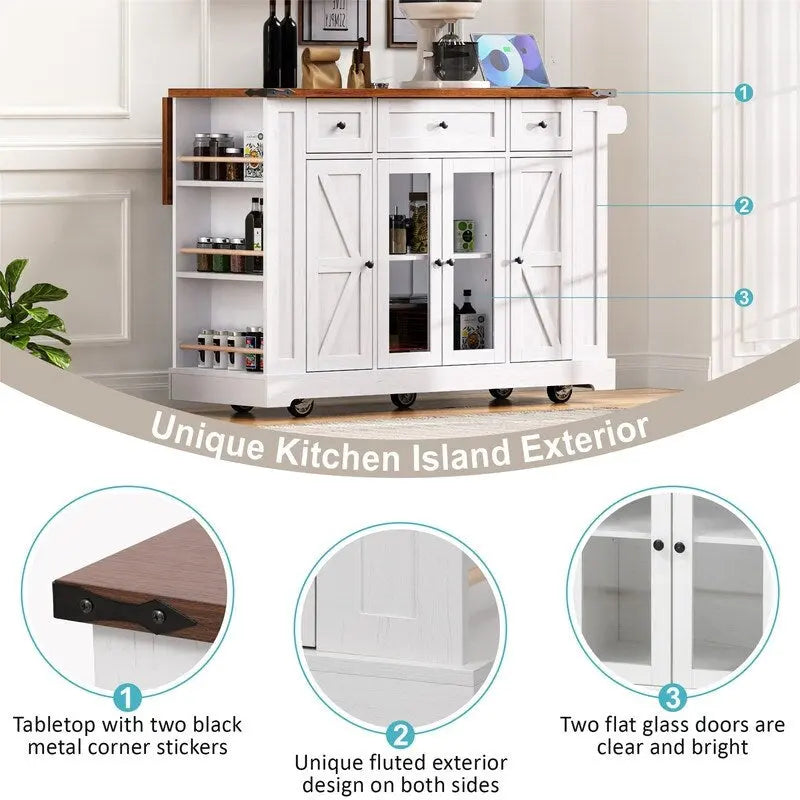 Kitchen Island w/Drop Leaf, 3 Drawers & 5 Open Side Racks, Rolling Kitchen Cart w/ 2 Tempered Glass Cabinet Doors & Power Outlet
