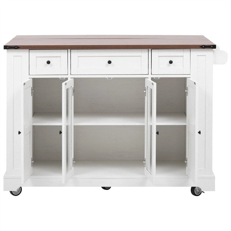 Kitchen Island w/Drop Leaf, 3 Drawers & 5 Open Side Racks, Rolling Kitchen Cart w/ 2 Tempered Glass Cabinet Doors & Power Outlet