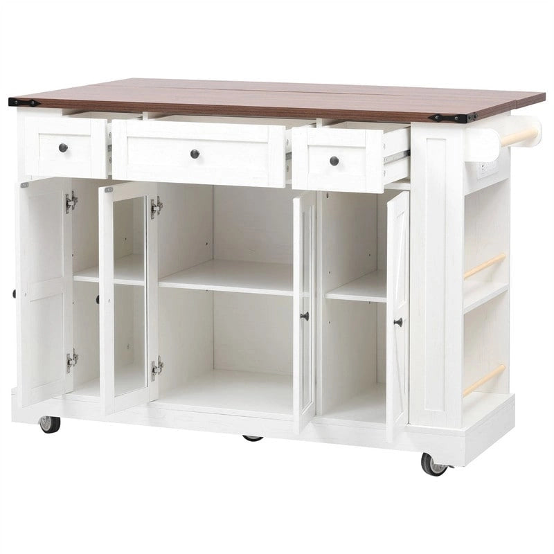 Kitchen Island w/Drop Leaf, 3 Drawers & 5 Open Side Racks, Rolling Kitchen Cart w/ 2 Tempered Glass Cabinet Doors & Power Outlet