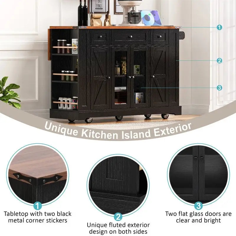 Kitchen Island w/Drop Leaf, 3 Drawers & 5 Open Side Racks, Rolling Kitchen Cart w/ 2 Tempered Glass Cabinet Doors & Power Outlet