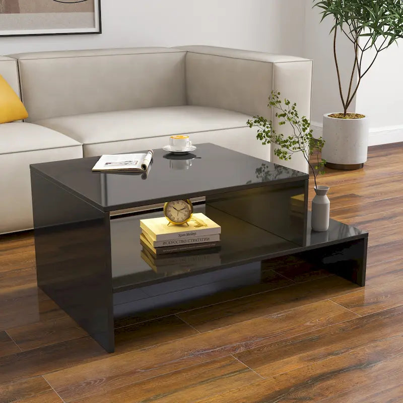 Modern Minimalist Stylish Coffee Table Double Layer Coffee Table with Open Storage, for Living Room, Black