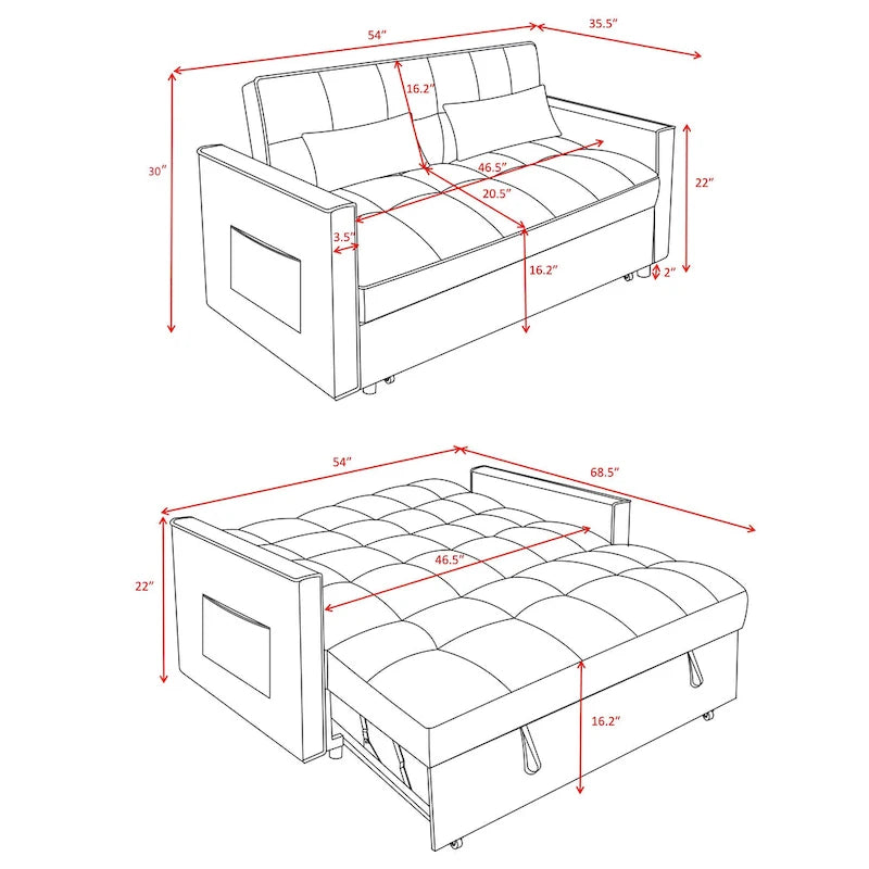 Modern Convertible Futon Sofa Bed,Adjustable Backrest,Armrest Holders