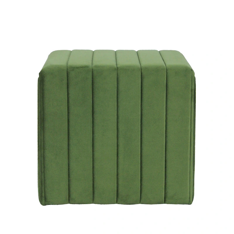 Ada Footstool Ottoman with Channel Tufted Green Velvet, 19 Inch