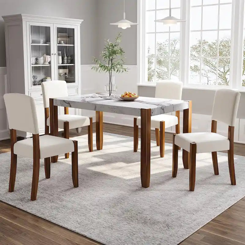 5 Piece Dining Table Set, 4 People Kitchen Dining Room Set with Faux Marble Style Table and 4 Upholstered Chairs