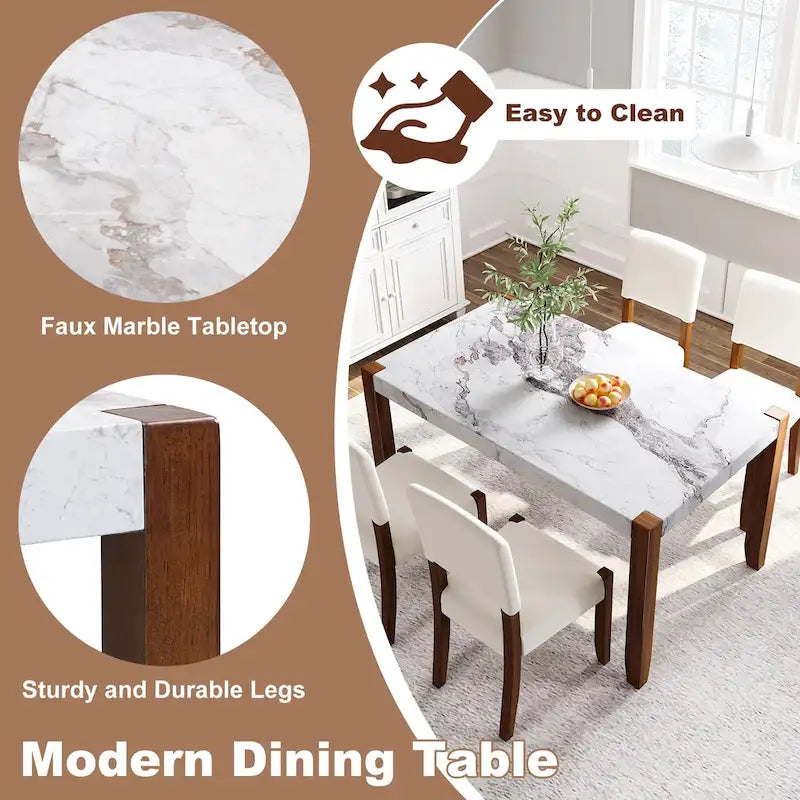 5 Piece Dining Table Set, 4 People Kitchen Dining Room Set with Faux Marble Style Table and 4 Upholstered Chairs