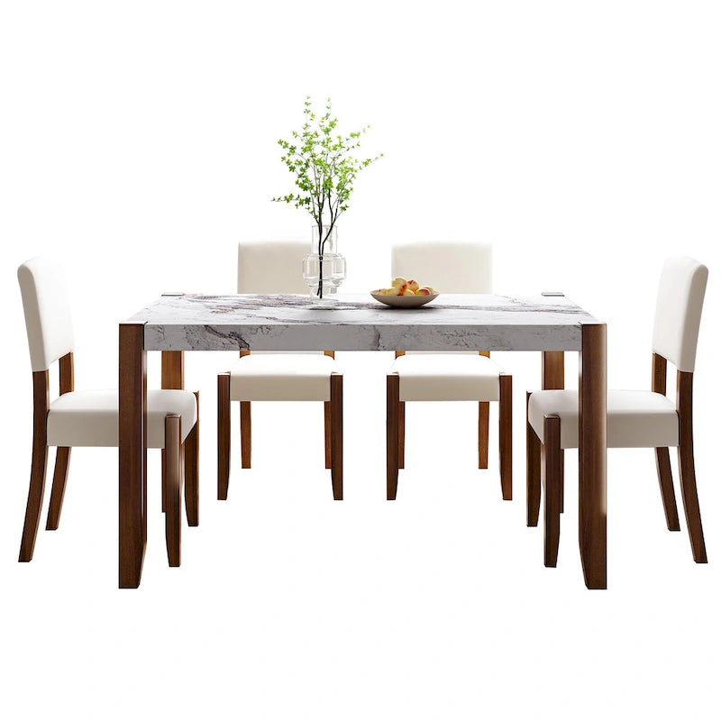 5 Piece Dining Table Set, 4 People Kitchen Dining Room Set with Faux Marble Style Table and 4 Upholstered Chairs