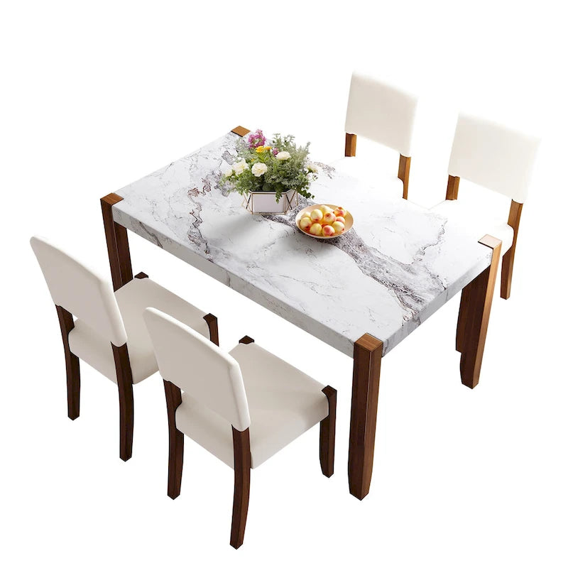 5 Piece Dining Table Set, 4 People Kitchen Dining Room Set with Faux Marble Style Table and 4 Upholstered Chairs