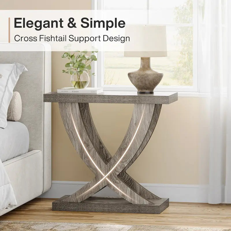 Farmhouse End Table, Narrow Side Table with Fishtail Support Design for Living Room, Study, Brown