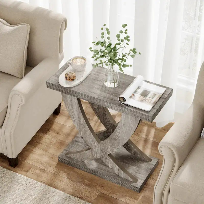 Farmhouse End Table, Narrow Side Table with Fishtail Support Design for Living Room, Study, Brown