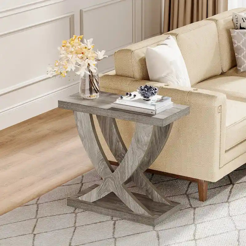 Farmhouse End Table, Narrow Side Table with Fishtail Support Design for Living Room, Study, Brown