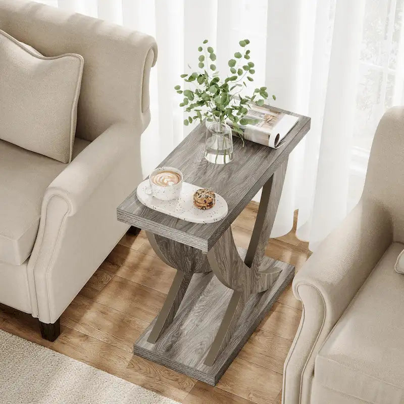 Farmhouse End Table, Narrow Side Table with Fishtail Support Design for Living Room, Study, Brown