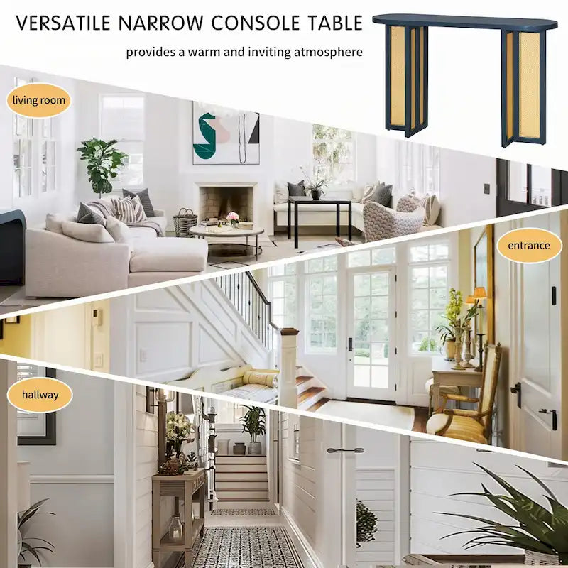 Farmhouse Rattan Console Table Entryway Table,Navy