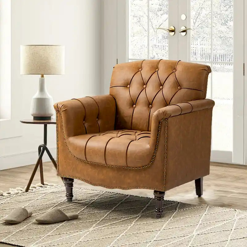 PU Leather Tufted Accent Chair with Nailhead Trim Armchair