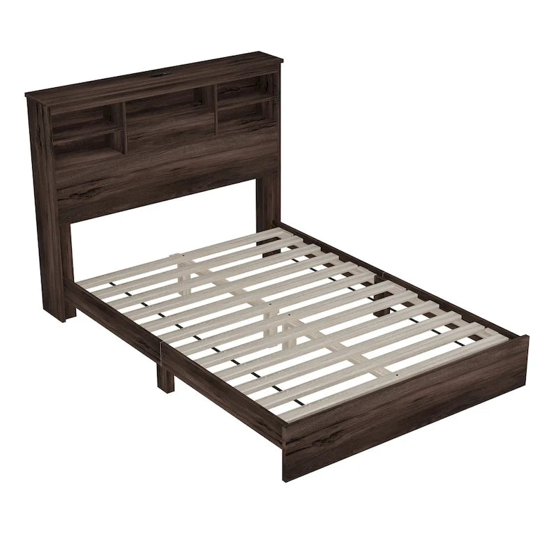 FURNITURE DEMAIN Queen Size Vintage Platform Bed with Storage Headboard and Charging Station