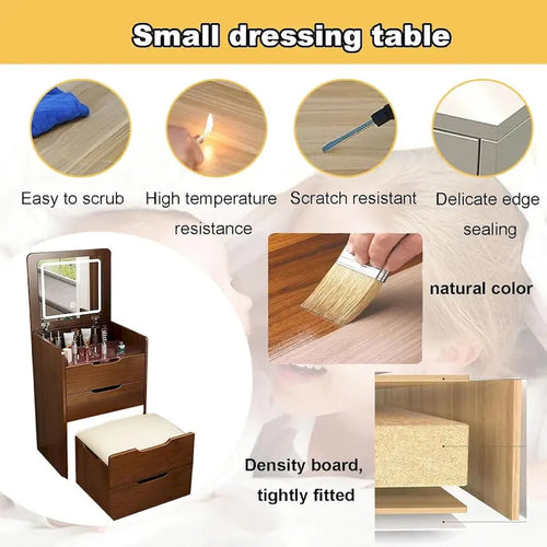 3-in-1 Small Makeup Table Set with Glass Top 3 Drawers, Stool