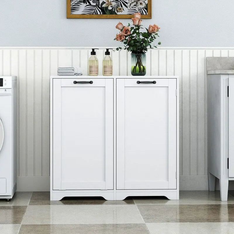 Freestanding Bathroom Laundry Cabinet with Doors and shelf, Tilt-Out Laundry Hamper