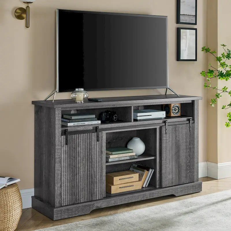 Rustic Sliding Barn Door TV Stand with Upper Lower Storage Shelf and Adjustable Shelves for Living Room