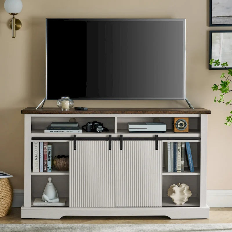 Rustic Sliding Barn Door TV Stand with Upper Lower Storage Shelf and Adjustable Shelves for Living Room