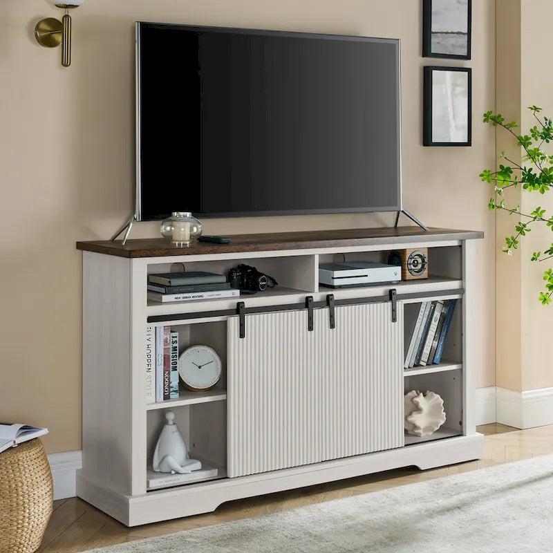 Rustic Sliding Barn Door TV Stand with Upper Lower Storage Shelf and Adjustable Shelves for Living Room