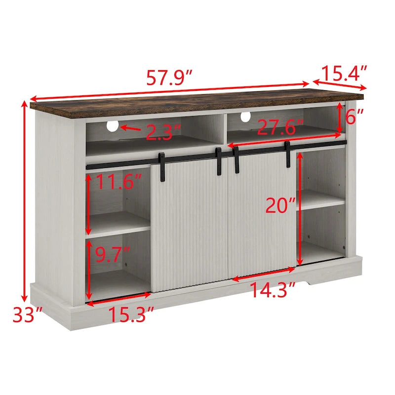 Rustic Sliding Barn Door TV Stand with Upper Lower Storage Shelf and Adjustable Shelves for Living Room