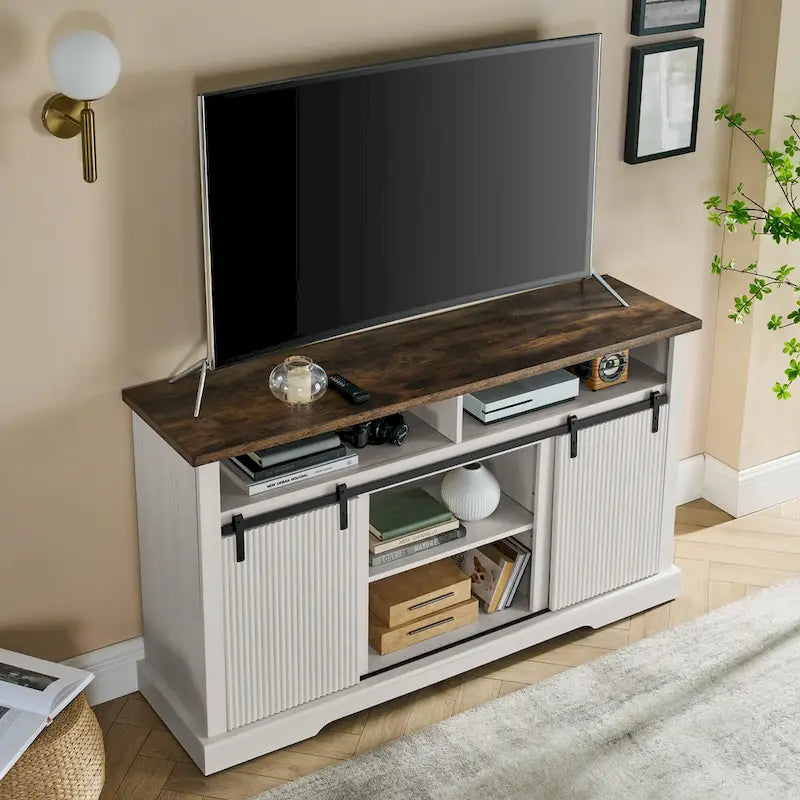 Rustic Sliding Barn Door TV Stand with Upper Lower Storage Shelf and Adjustable Shelves for Living Room