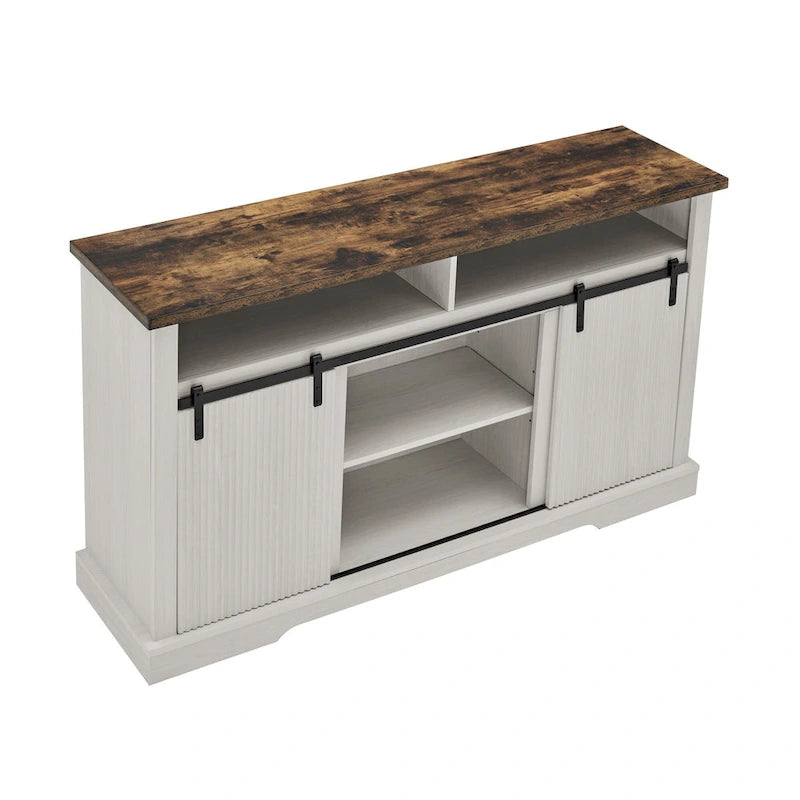 Rustic Sliding Barn Door TV Stand with Upper Lower Storage Shelf and Adjustable Shelves for Living Room