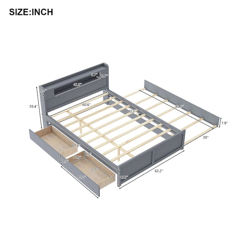Queen Size Platform Bed with LED Lights & Trundle, Wood Storage Bed Frame with Headboard Shelf & 2 Drawers for Kids Teens Adults