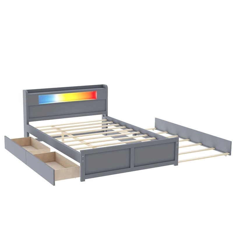 Queen Size Platform Bed with LED Lights & Trundle, Wood Storage Bed Frame with Headboard Shelf & 2 Drawers for Kids Teens Adults