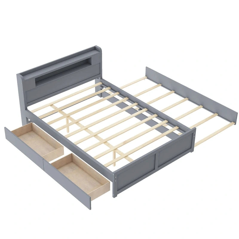 Queen Size Platform Bed with LED Lights & Trundle, Wood Storage Bed Frame with Headboard Shelf & 2 Drawers for Kids Teens Adults
