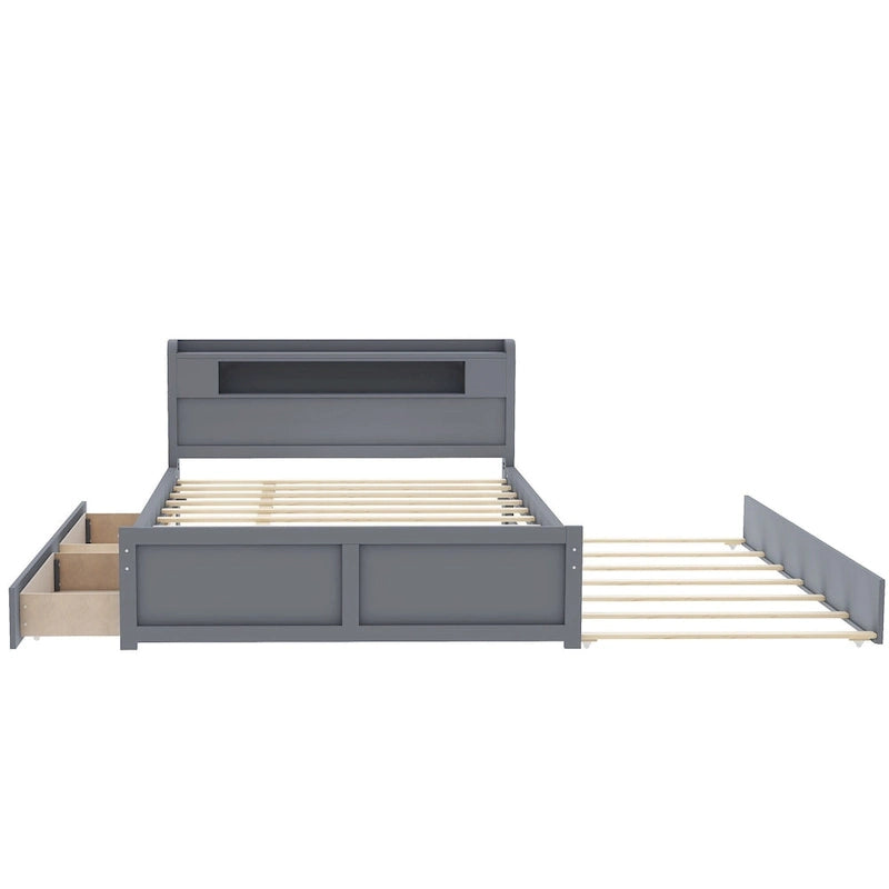 Queen Size Platform Bed with LED Lights & Trundle, Wood Storage Bed Frame with Headboard Shelf & 2 Drawers for Kids Teens Adults