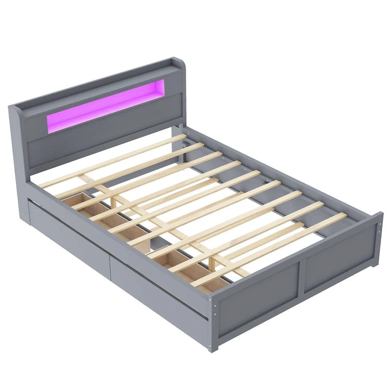 Queen Size Platform Bed with LED Lights & Trundle, Wood Storage Bed Frame with Headboard Shelf & 2 Drawers for Kids Teens Adults