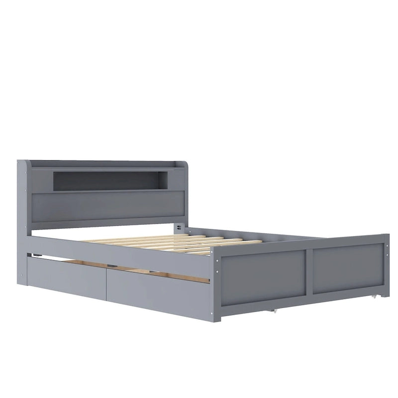 Queen Size Platform Bed with LED Lights & Trundle, Wood Storage Bed Frame with Headboard Shelf & 2 Drawers for Kids Teens Adults