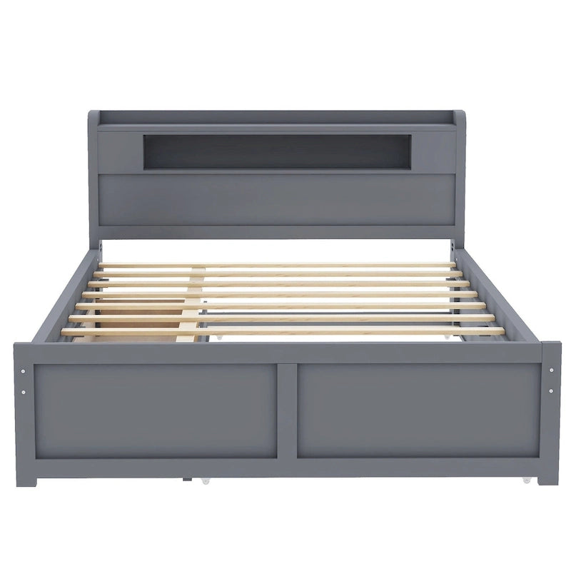 Queen Size Platform Bed with LED Lights & Trundle, Wood Storage Bed Frame with Headboard Shelf & 2 Drawers for Kids Teens Adults