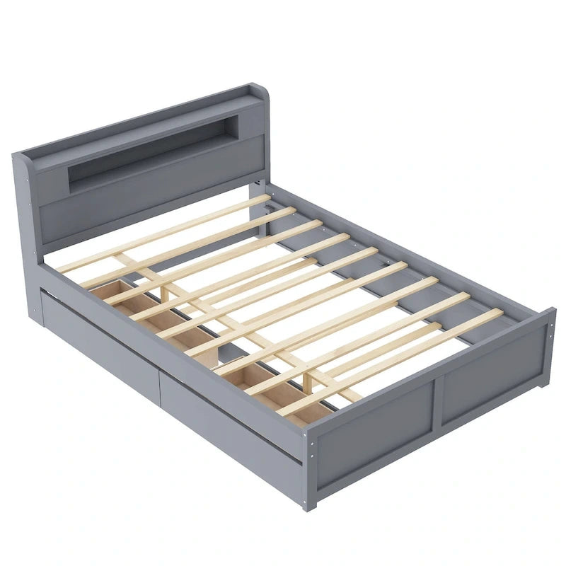 Queen Size Platform Bed with LED Lights & Trundle, Wood Storage Bed Frame with Headboard Shelf & 2 Drawers for Kids Teens Adults